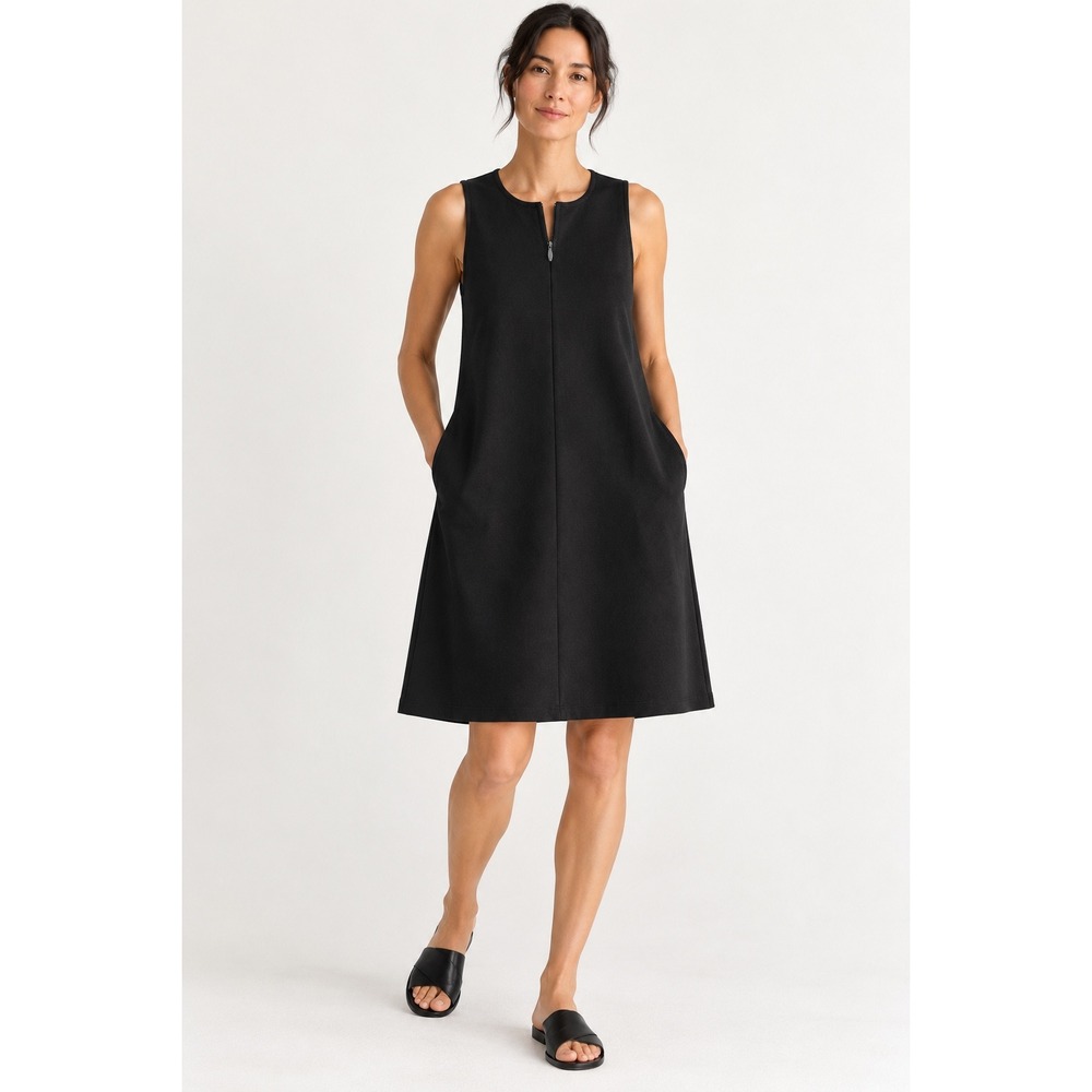 Eileen Fisher Black Organic Cotton Blend Zip Neck A-Line Pocket Dress Medium
